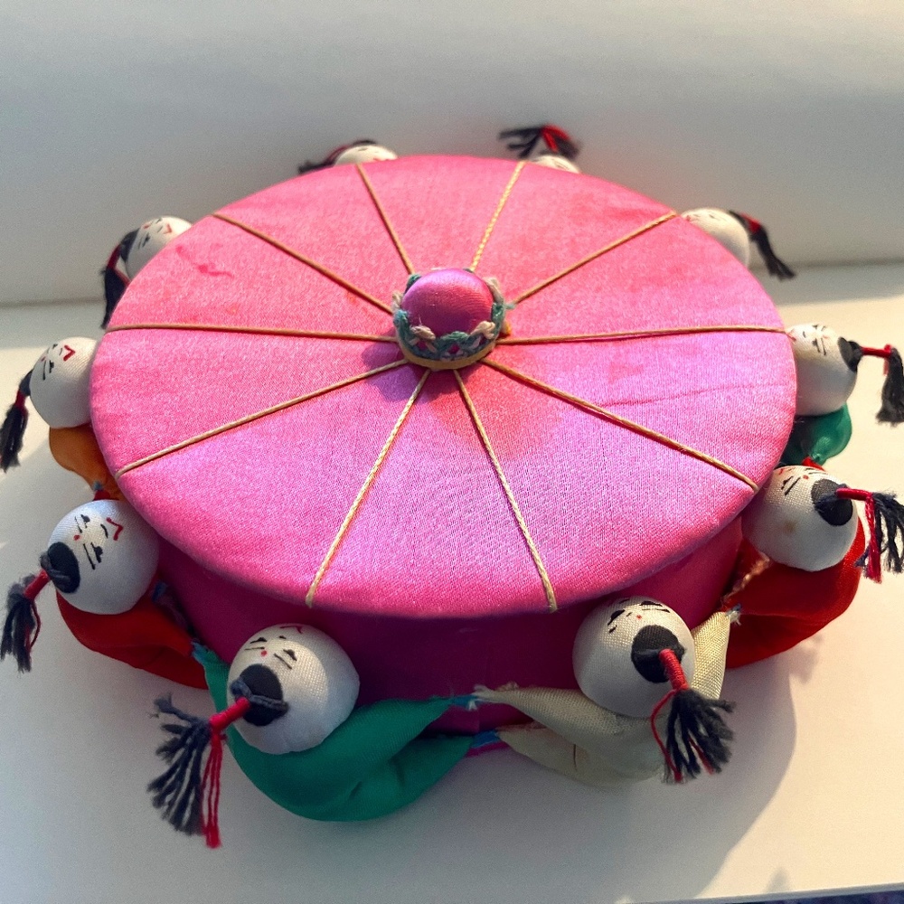 VTG Chinese Satin Fabric Trinket Box 10 Children Holding Hands